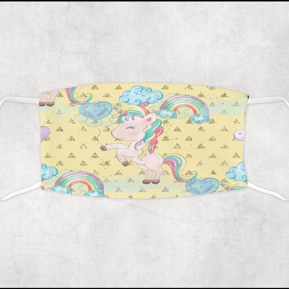 Girls Yellow Gold Sparkly Unicorn Print Handmade Face Mask